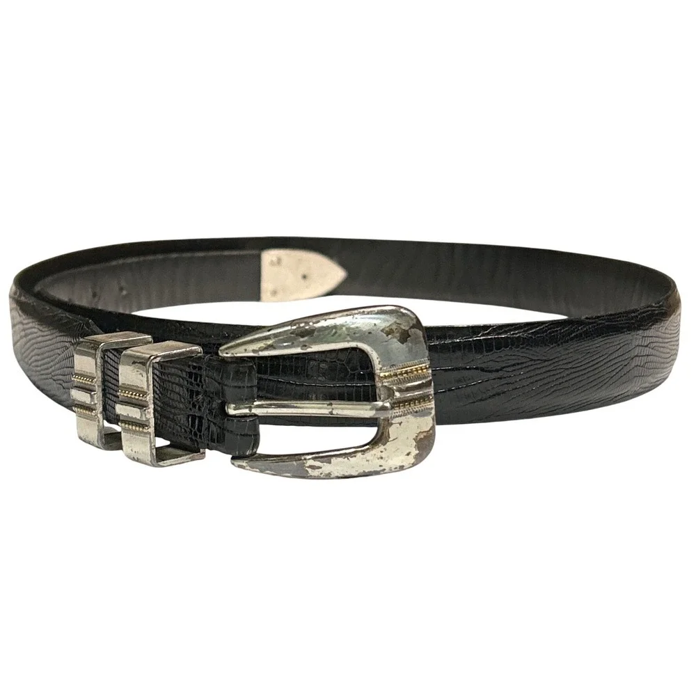 Tulliani Black Lizard Embossed Leather Western Belt Silver Tone Hardware Size 40